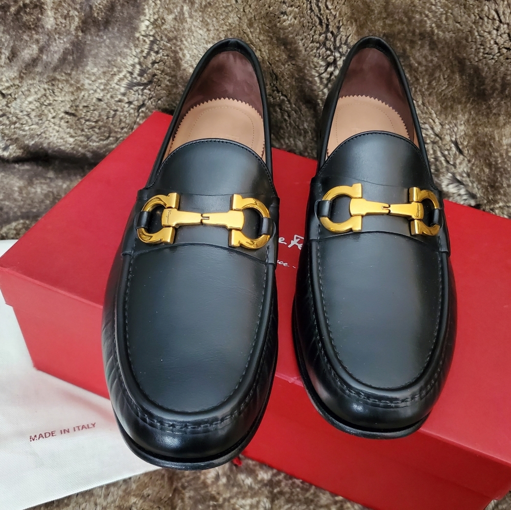 Salvatore Ferragamo Men's Mason Black with Brass Gancini Bit Shoes US Size 11.5E